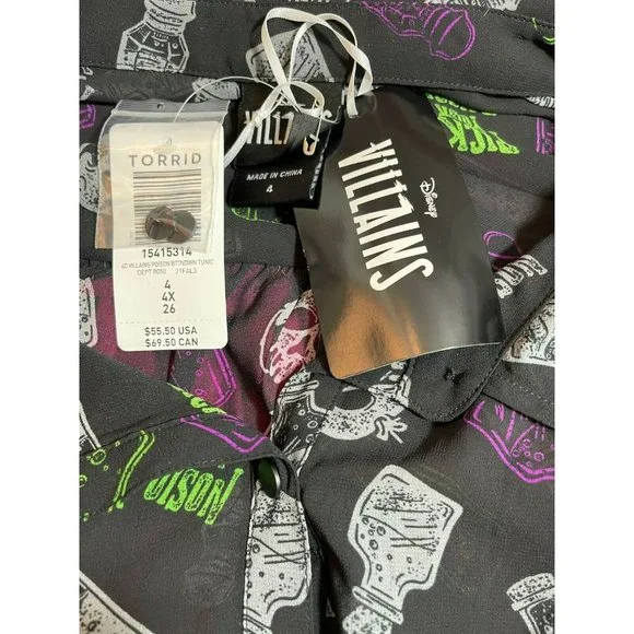 Torrid Disney Villains Plus 4 Black Button Down Poison Graphic 3/4 Sleeve Top - Picture 6 of 6